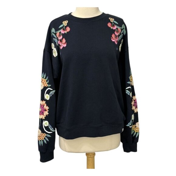 Desigual Floral Embroidered Sweatshirt Navy Blue Crew Neck Terry Lined Size M - Picture 11 of 11